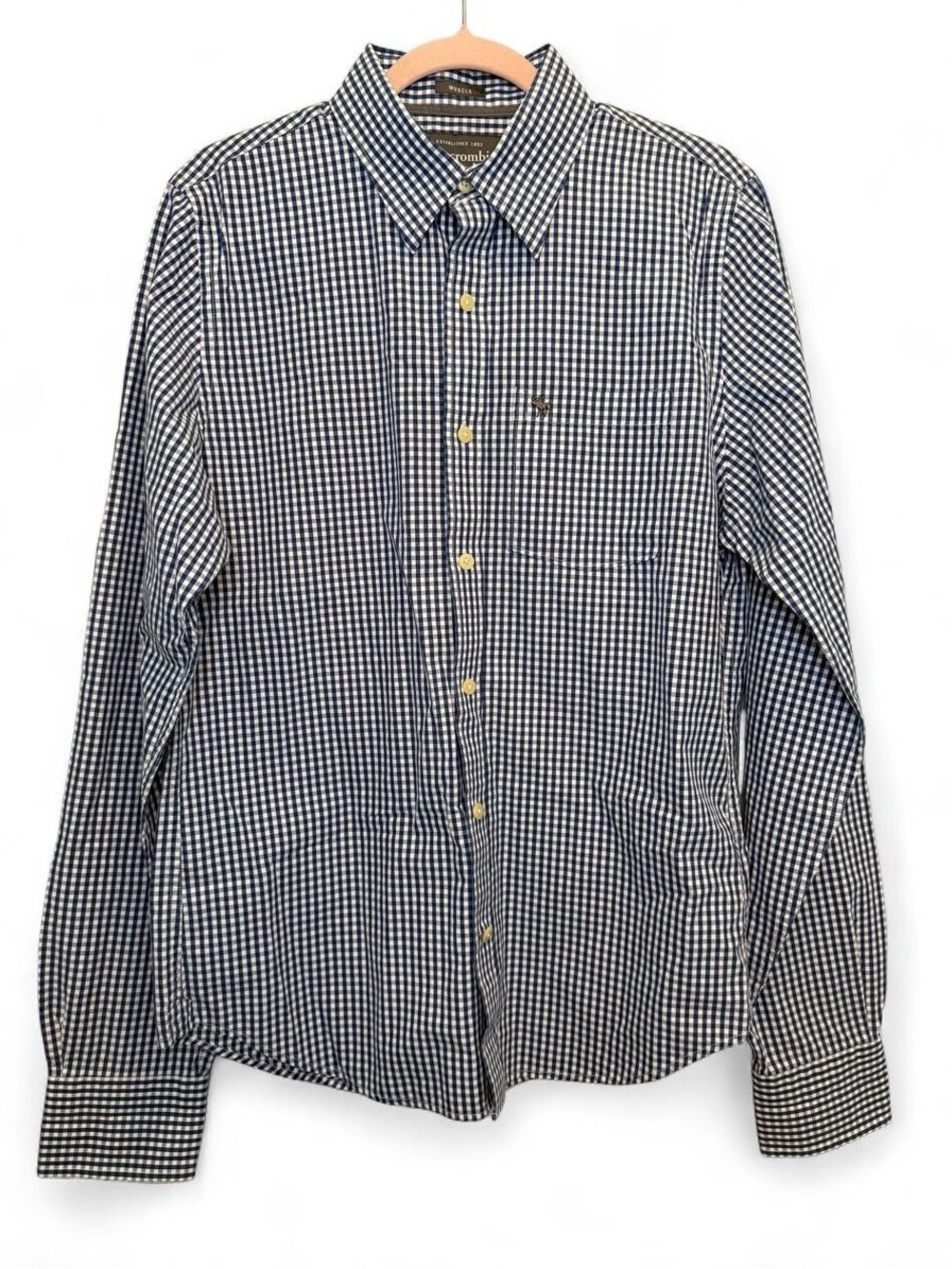 Abercrombie & Fitch Men's Muscle Fit Gingham Button Down Shirt Blue Large Preppy